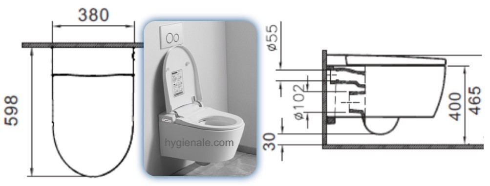 les dimensions de la toilette suspendue japonaise Mizua 100+ pour son installation dans une habitation