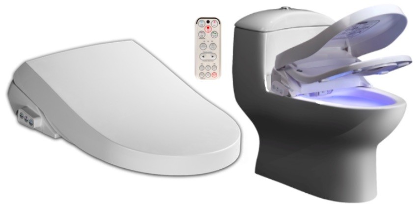 L'abattant japonais fixe sur une cuvette de wc. Sa douchette peut être pilotée grâce à une télécommande.