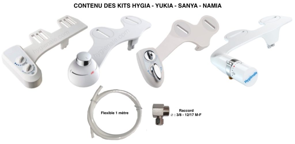 Tous les kits wc japonais s'installent de la même manière sur la cuvette de toilette, avec le serrage de l'abattant sur le sanitaire. Le raccord et le flexible permettent de connecter le kit à l'arrivée d'eau.