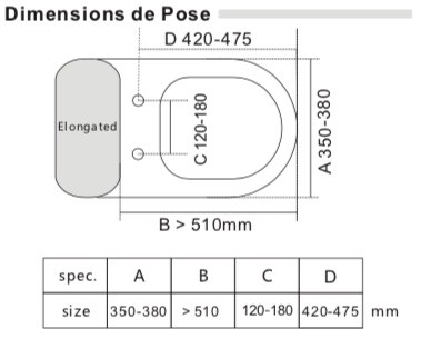 Dimensions de pose sur cuvette de l'abattant wc japonais à télécommande