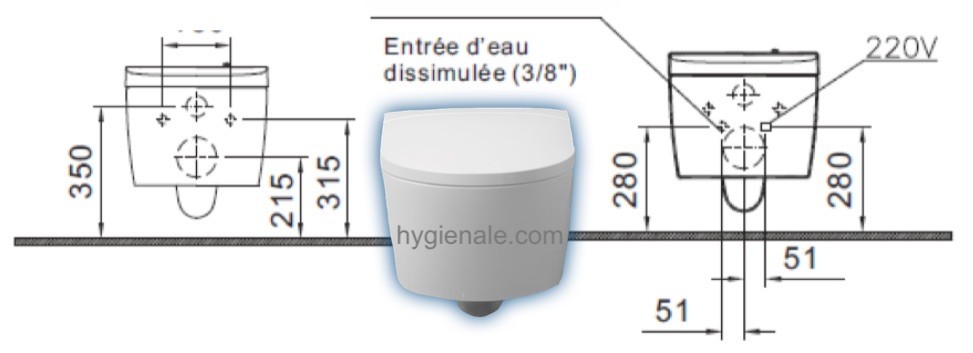 schéma des dimensions techniques pour suspendre un wc suspendu japonais à son bâti support EN33