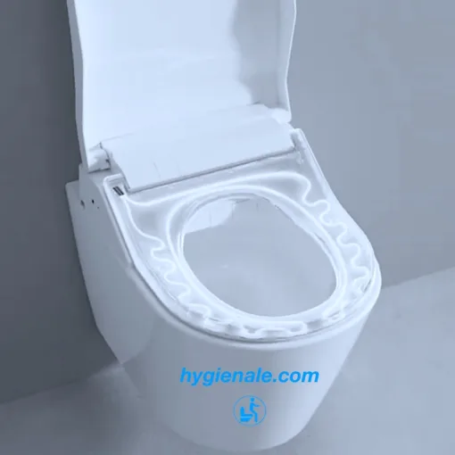 Vue de face d’un abattant WC japonais ouvert avec siège chauffant.