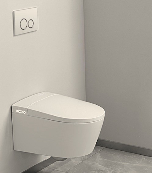 Un wc suspendu japonais se fixe sur un bâti support derrière une cloison décorée au gout de son utilisateur