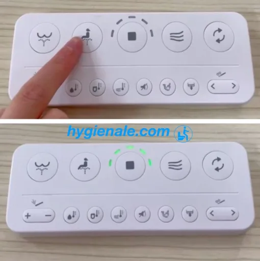 télécommande d'abattant WC japonais avec un doigt sur un bouton