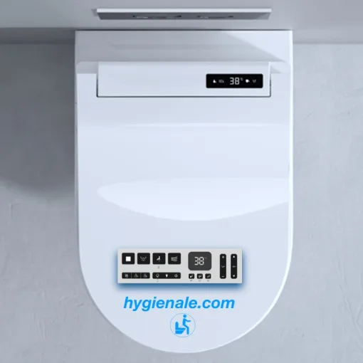Vue de l’abattant WC japonais à télécommande installé sur une cuvette