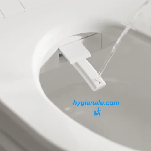 Vue de la douchette du WC japonais en action avec jet d’eau