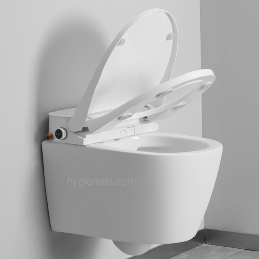 Vue de côté de l'abattant toilette avec télécommande japonaise en position ouverte sur sa cuvette wc